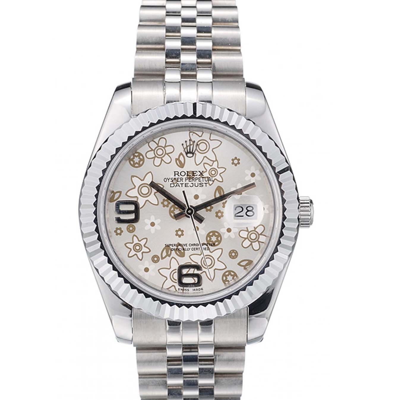 MiroTime 0718 Rolex Swiss DateJust Stainless Steel Ribbed Bezel Flower Silver Dial 42001